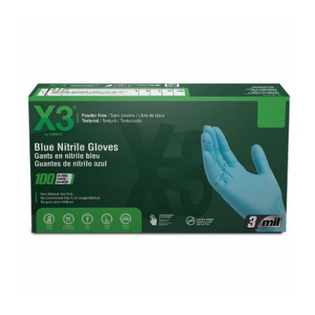 Ammex X3, Disposable Gloves, 3 mil Palm, Nitrile, Powder-Free, L, Blue X346100
